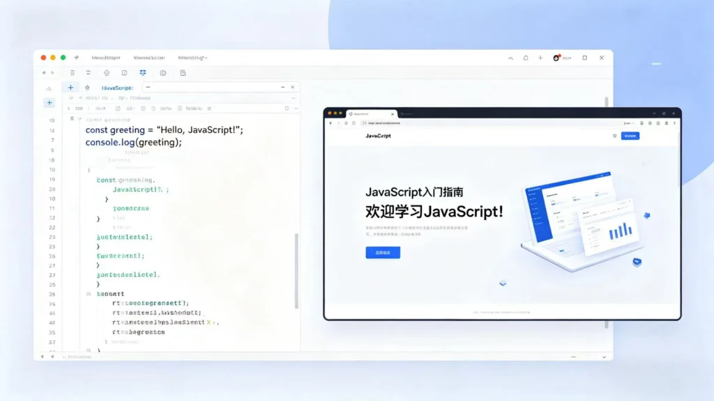 JavaScript 代码实战场景插图，展示变量、函数、DOM 操作与前端交互项目效果